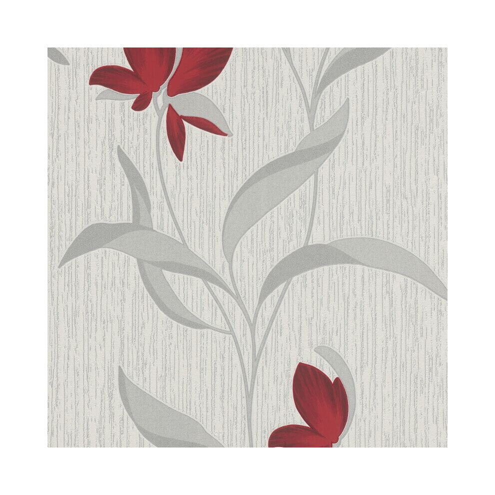 Erismann Red Silver Glitter Floral Wallpaper 9730-06 - Textured White Vinyl, 10.05m x 0.53m