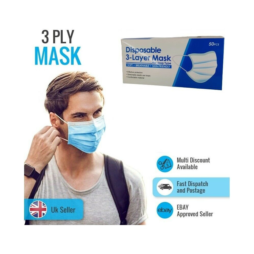 50 Pcs - 3-Ply Protective & Breathable Disposable Face Masks for Public Transport, Shopping, Work & General Use (Non Surgical / Medical)