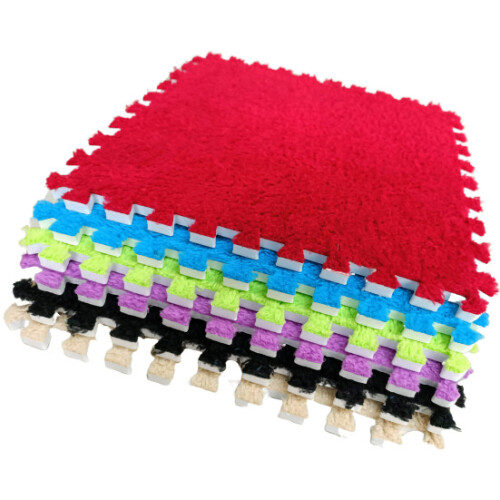 (Red) 10pcs EVA Foam Soft & Shaggy Floor Mats Interlocking Rug Tiles