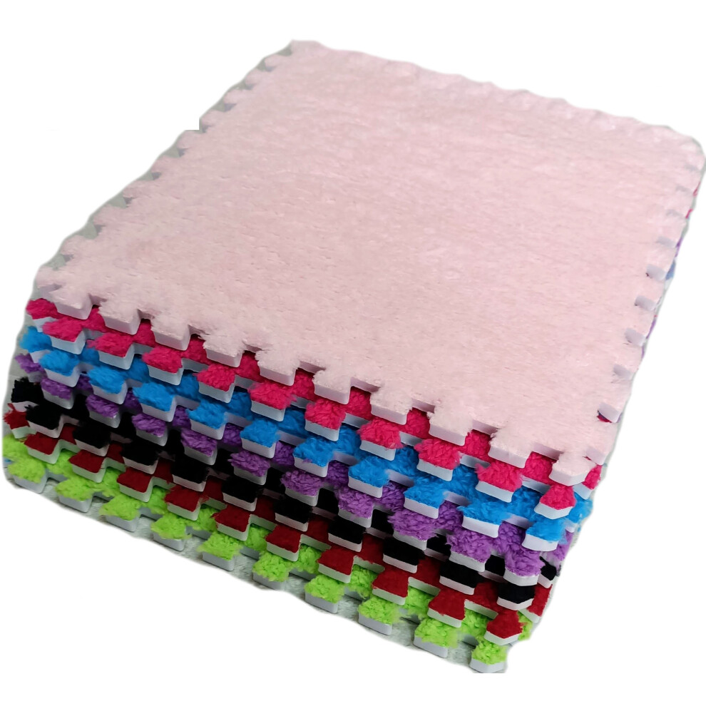 (Pink) 10pcs EVA Foam Soft & Shaggy Floor Mats Interlocking Rug Tiles - Puzzle Mat