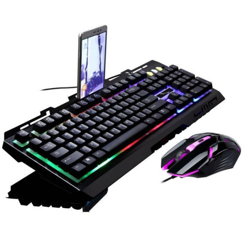 (Black) Rainbow LED Gaming Keyboard & Mouse Set Backlit Wired USB For PC PS4 Xbox One 360