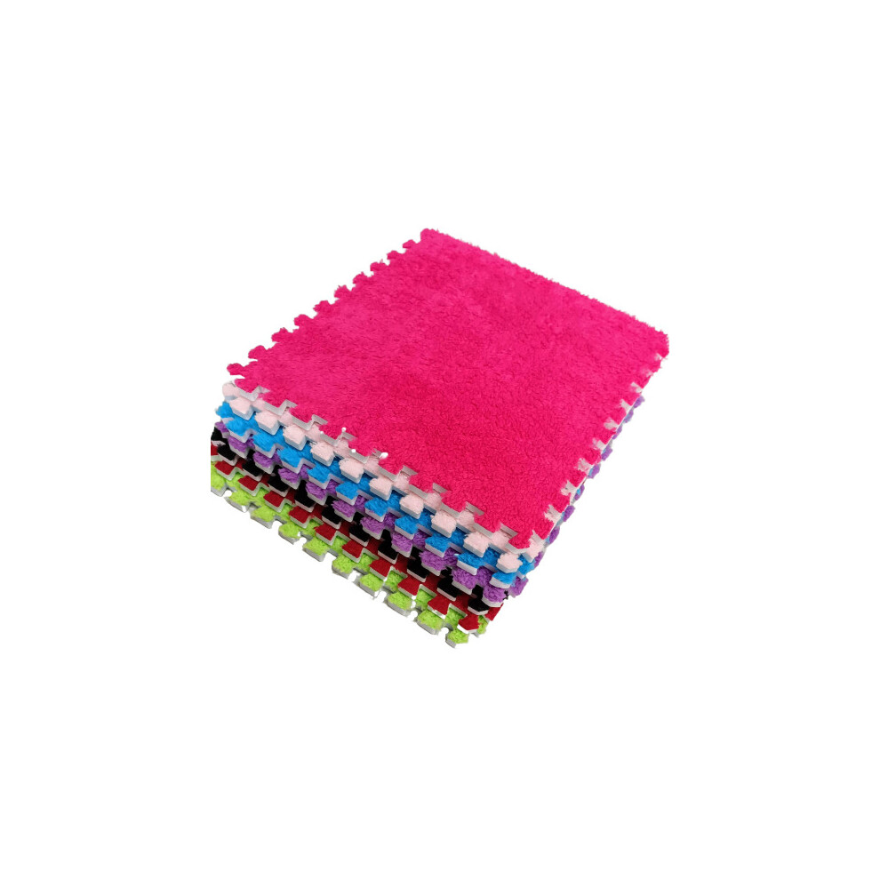 (Bright Pink) 10pcs EVA Foam Soft & Shaggy Floor Mats Interlocking Rug Tiles - Puzzle Mat