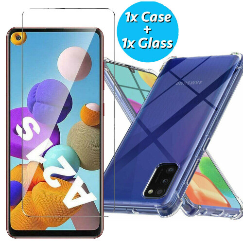 (Case and Glass) For Samsung Galaxy A21s Case & Tempered Glass Screen Protector Back Soft TPU Bumper Gel Cover