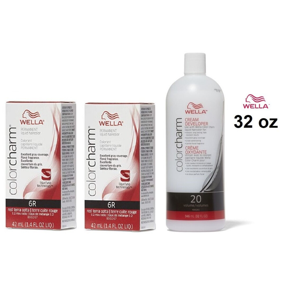 (6R + 6R + Developer (Vol. 20) 32oz) 6R Red Terra Cotta Wella Color Charm Permanent Haircolor