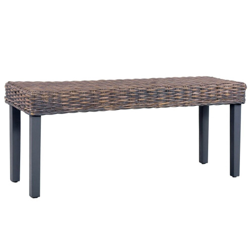 vidaXL Solid Mango Wood Bench Grey Natural Kubu Rattan Kitchen Seating Chair