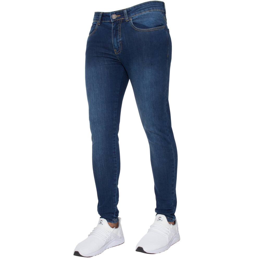 (Mid Stonewash, 28S) Ze Enzo Mens Skinny Jeans Slim Fit Super Stretch Denim Pants