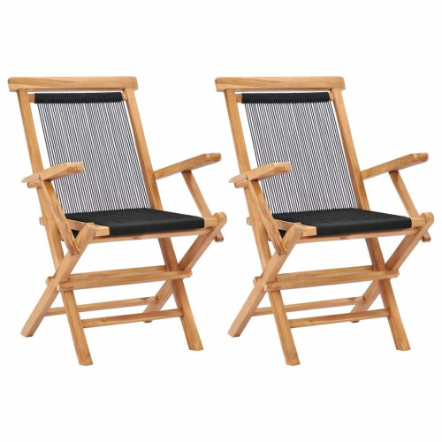 vidaXL 2x Solid Teak Wood Folding Garden Chairs Rope Foldable Outdoor Seating