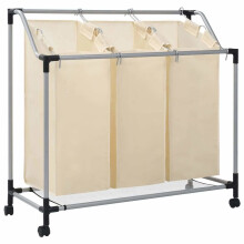 vidaXL Laundry Sorter with 3 Bags Steel Handles Cream Washing Clothes Bag