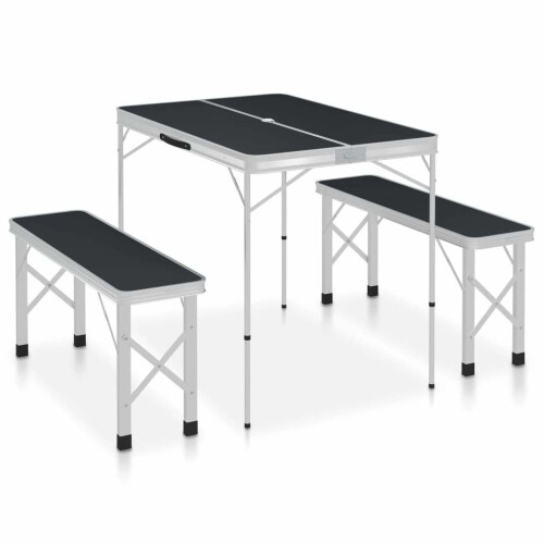 vidaXL Folding Camping Table with 2 Benches Aluminium Grey Hiking Table Set