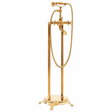 vidaXL Freestanding Gold Bathtub Faucet with Waterfall Spout & Handheld Shower, Floor-Mounted, 145095