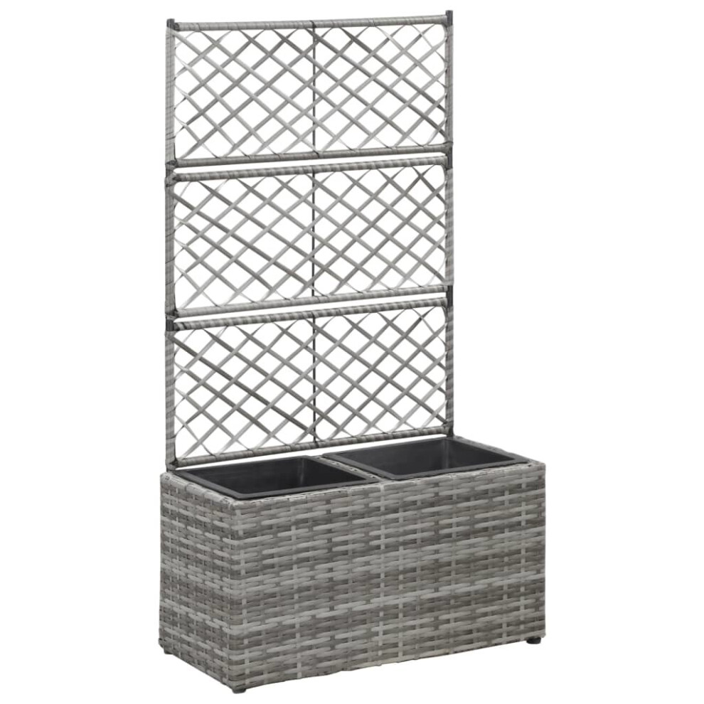 vidaXL Trellis Raised Bed with 2 Pots 58x30x107cm Poly Rattan Grey Flower Box