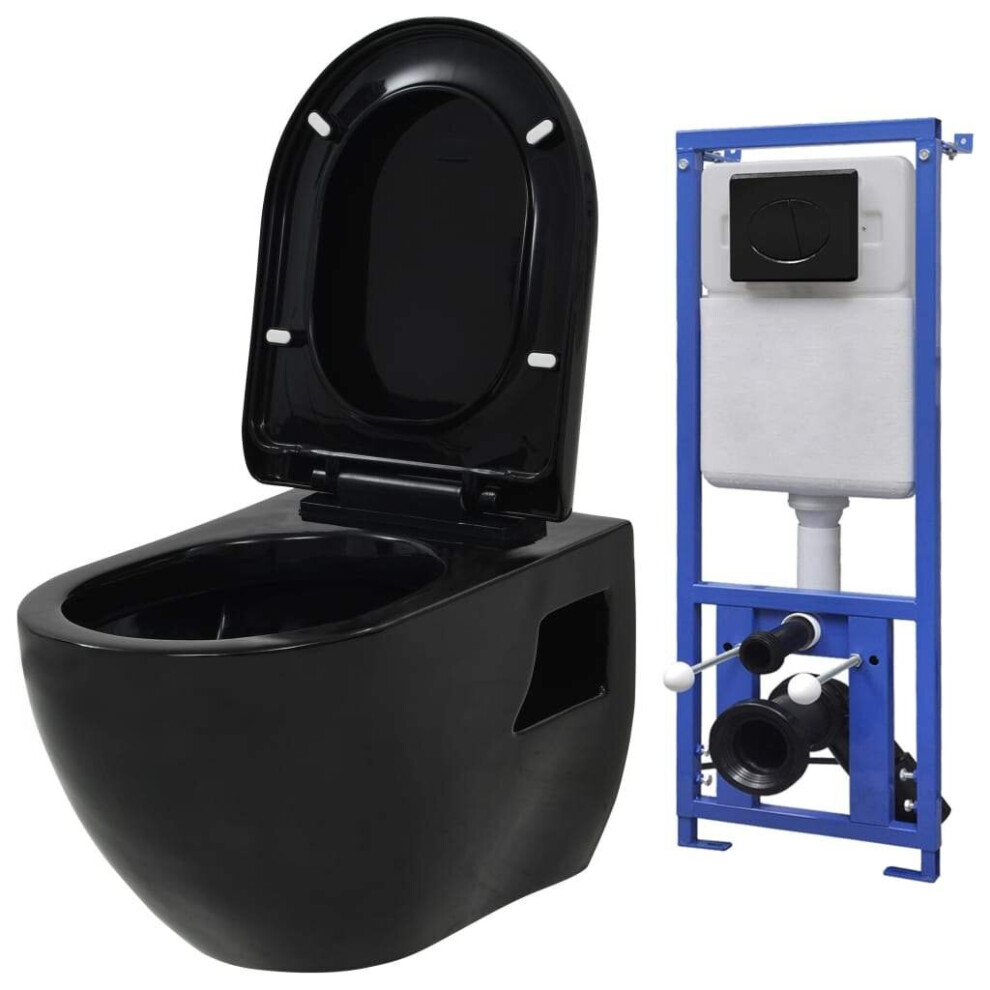 vidaXL Wall Hung Toilet Black WC Pan Soft Close Seat Ceramic Concealed Cistern