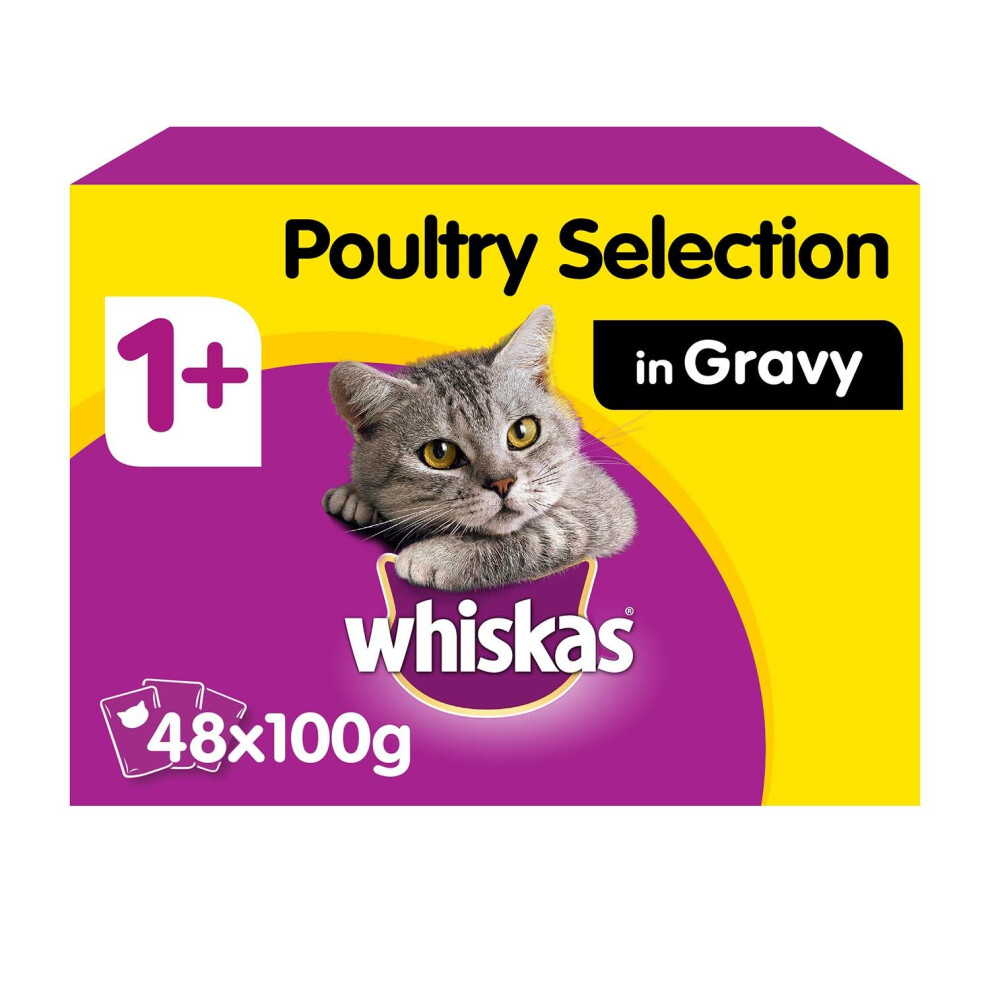 WHISKAS 1+ Cat Pouches Poultry Selection In Gravy 12x100g (Pack of 4)