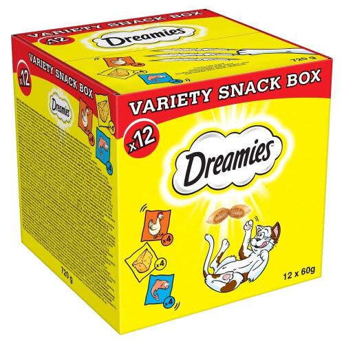 Dreamies DREAMIES Scatola di snack vari con pollo, formaggio e salmone 12x60g