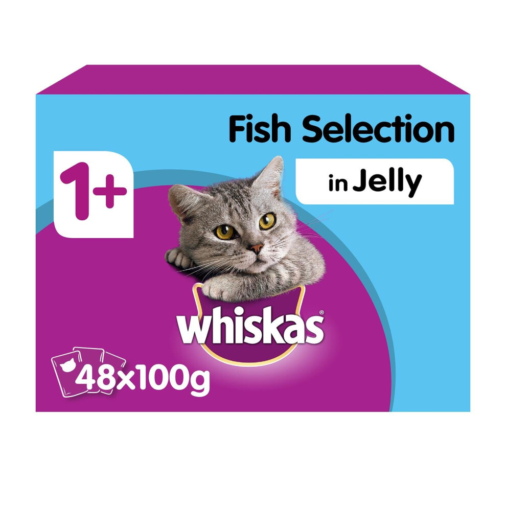 Whiskas 1+ Cat Pouches Fish Selection In Jelly 12X100g (Pack Of 4)