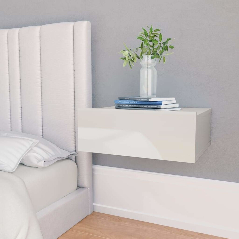 vidaXL 2x Floating Nightstand High Gloss White Engineered Wood Bedside Table