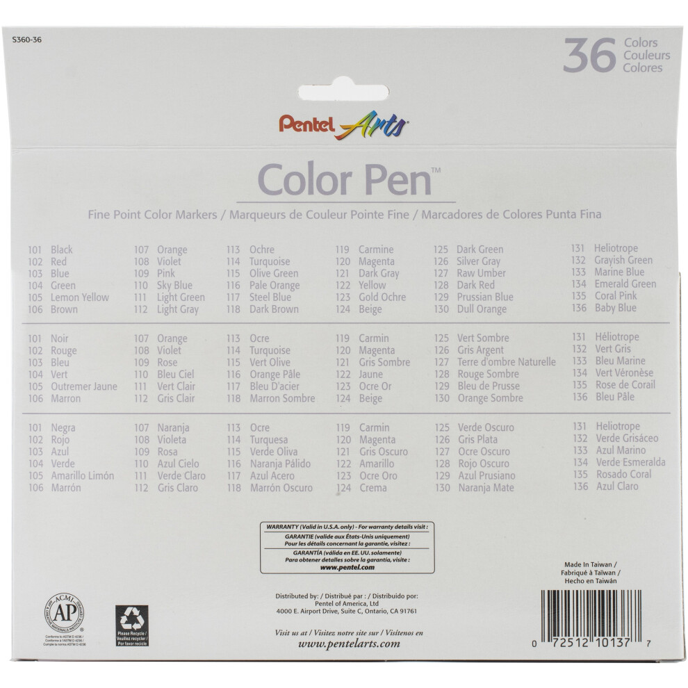 Pentel Arts Color Pen Fine Point Color Markers 36/Pkg-Assorted Colors