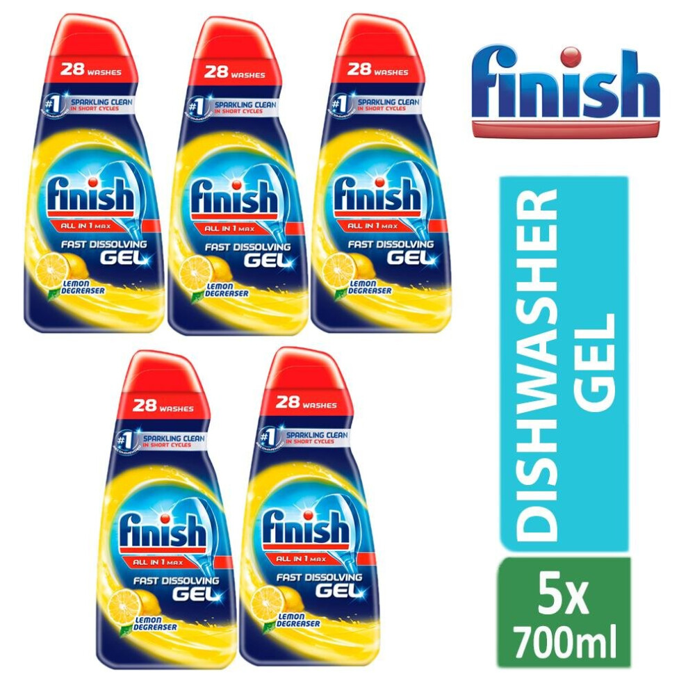 5 x Finish All In One Max Dishwasher Degreaser Fast Dissolving Gel Lemon 700 ml