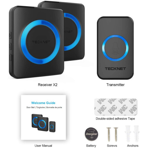 TeckNet Wireless Door Bell Dual Mains Cordless Plug Loud Long Range Home Black 1