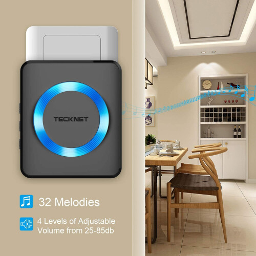 TeckNet Wireless Door Bell Dual Mains Cordless Plug Loud Long Range Home Black 2