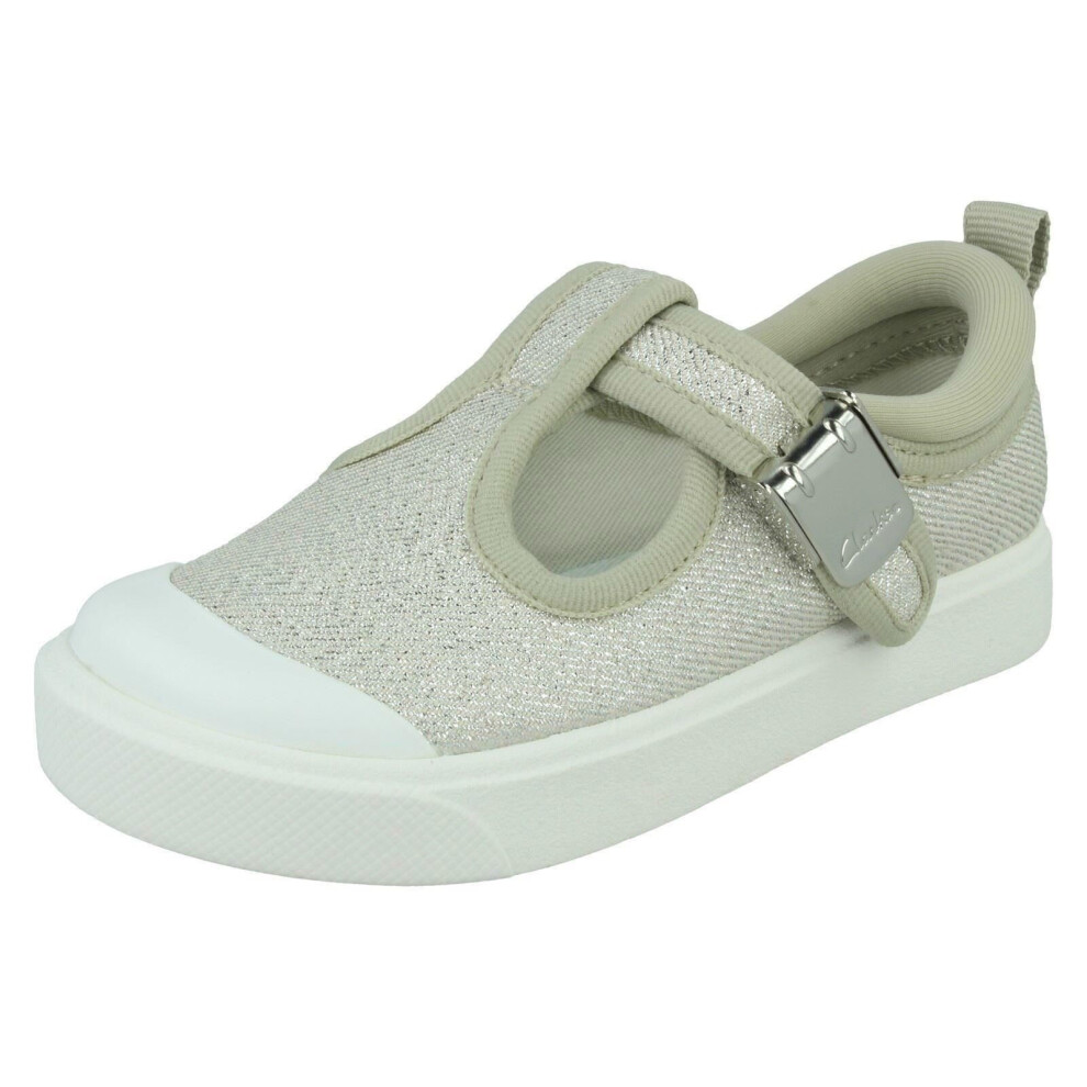 (Silver, UK 7.5 Infant) Girls Clarks Casual T-Bar Shoes City Dance - G Fit