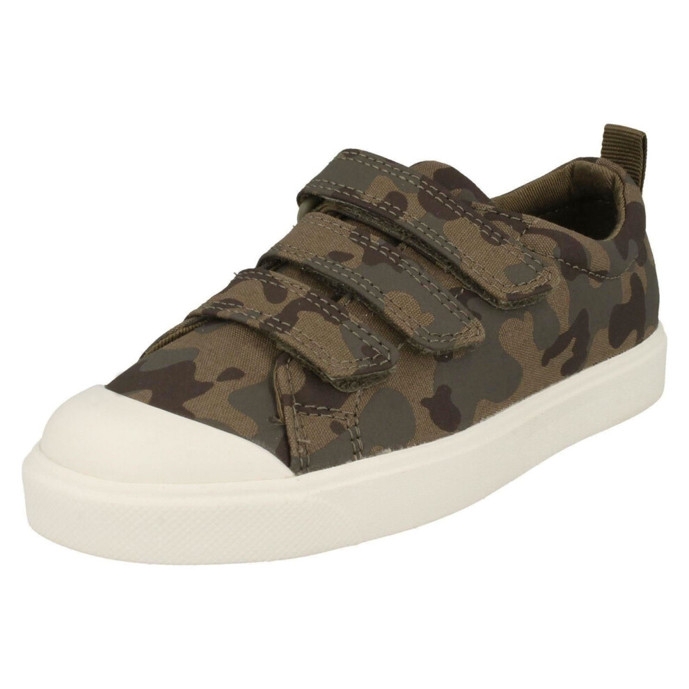 (Khaki, UK 11 Child) Childrens Boys Girls Clarks Hook And Loop Canvas Shoes City Flare Lo K - F Fit