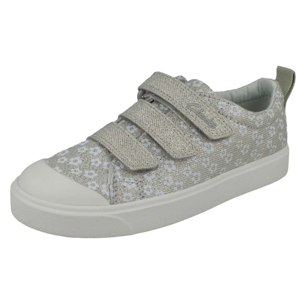 (Silver, UK 12.5 Child) Girls Clarks Machine Washable Casual Shoes City Vibe - G Fit