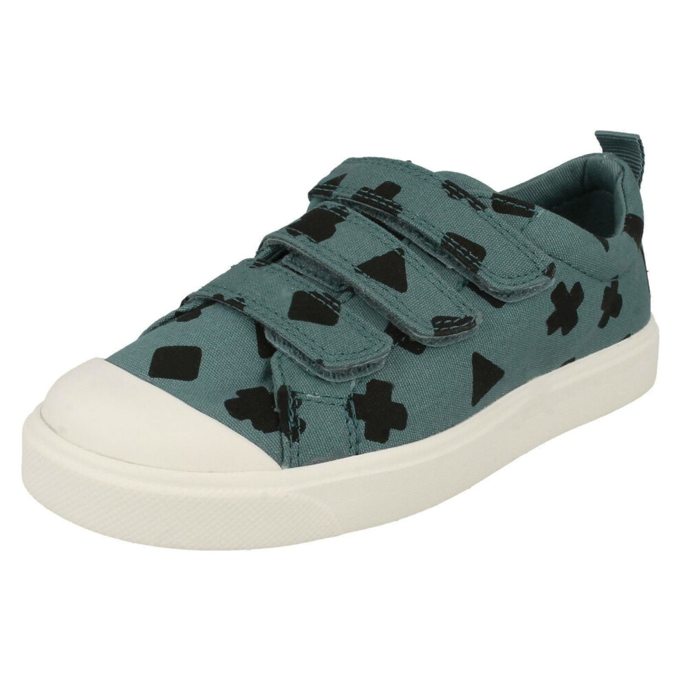 (Teal, UK 11.5 Child) Childrens Boys Girls Clarks Hook And Loop Canvas Shoes City Flare Lo K - G Fit