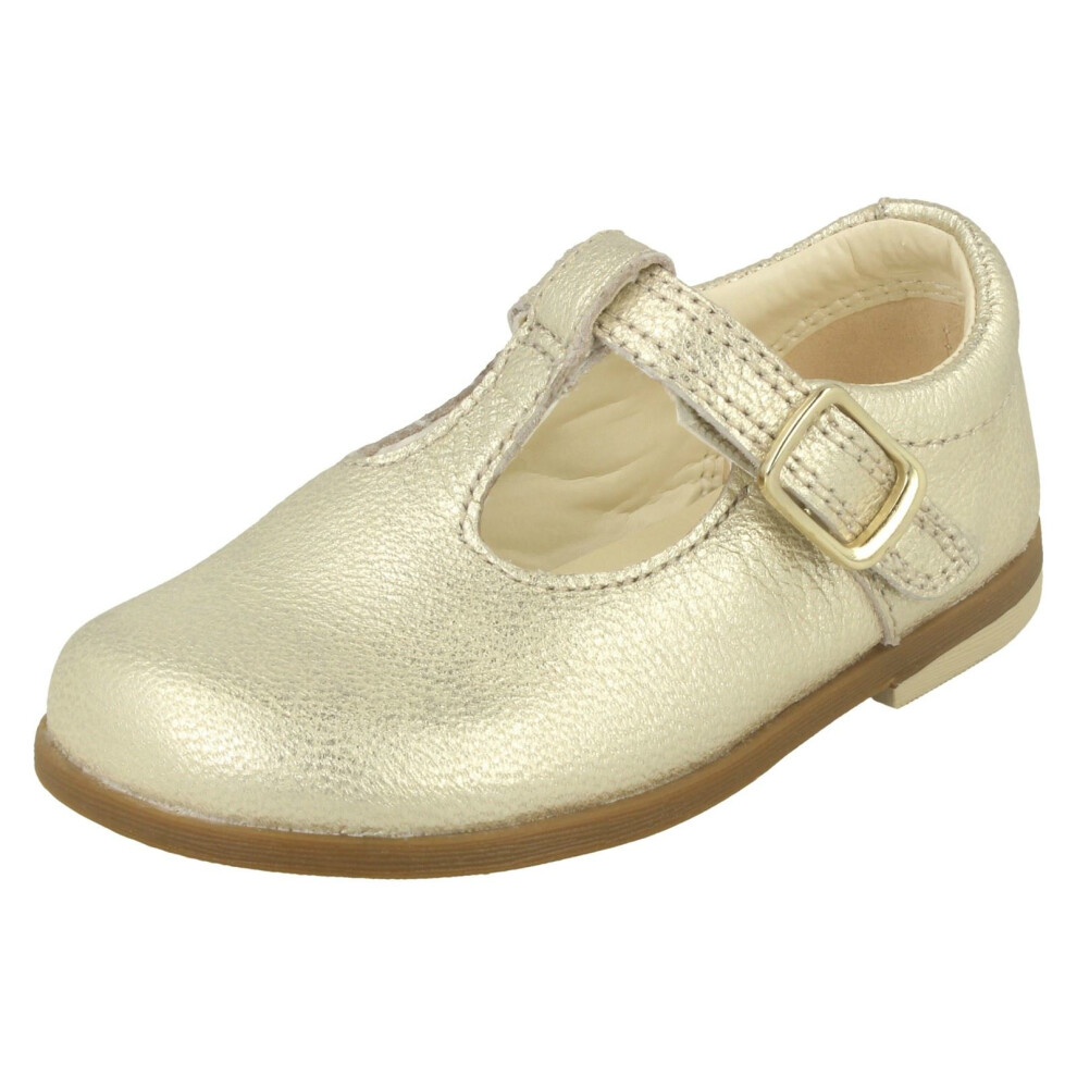 (Gold, UK 6.5 Infant) Girls Clarks T-Bar Shoes Drew Shine - F Fit