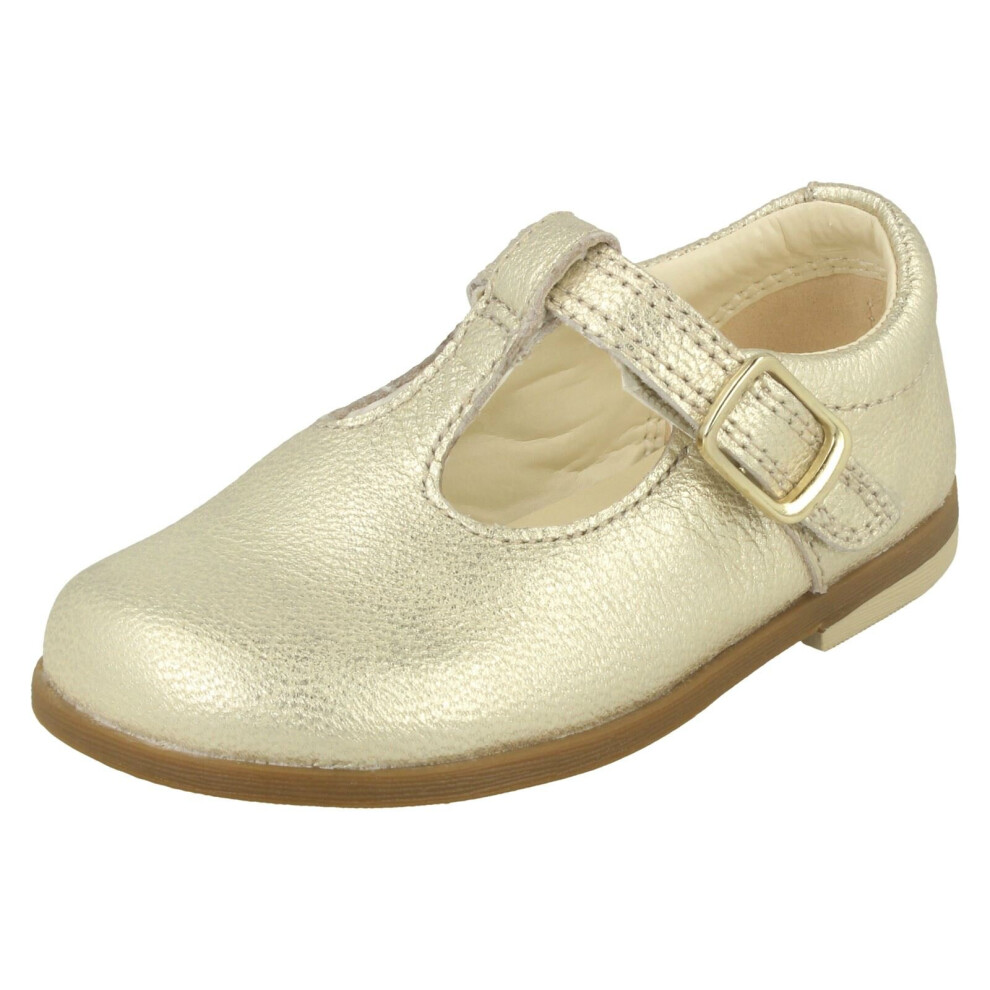 (Gold, UK 6 Infant) Girls Clarks T-Bar Shoes Drew Shine - F Fit