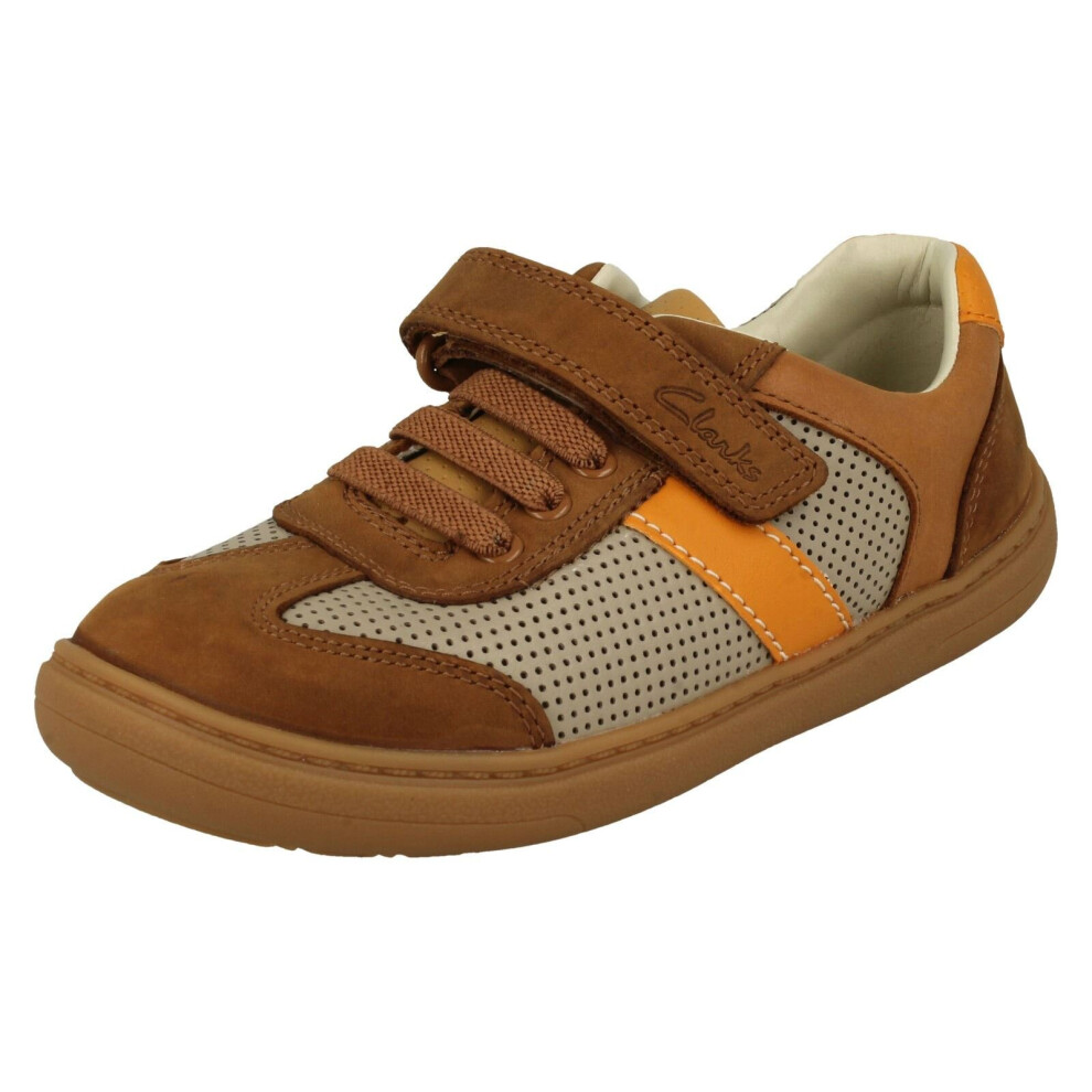 (Tan, UK 13 Child) Boys Clarks Hook & Loop Shoes Flash Step K - G Fit