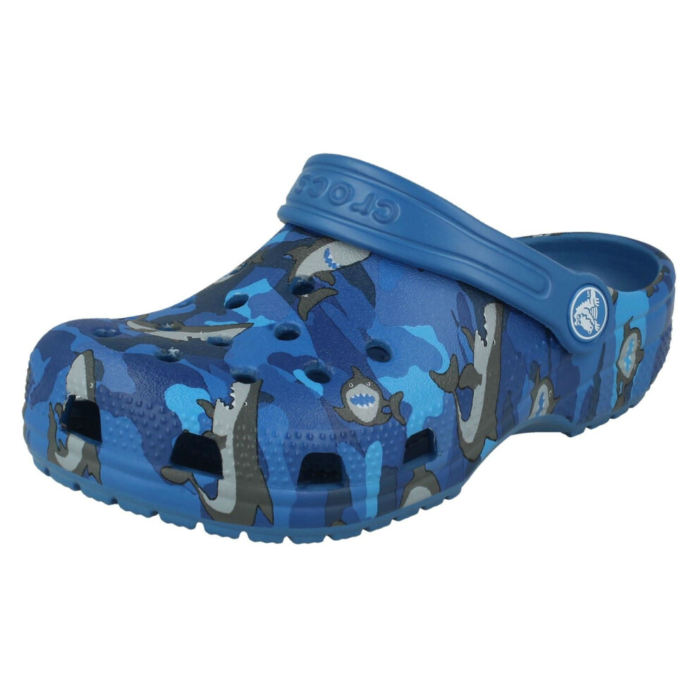 (Blue, UK 6 Infant) Boys Crocs Shark Detailed Clogs Classic Shark Clog PS