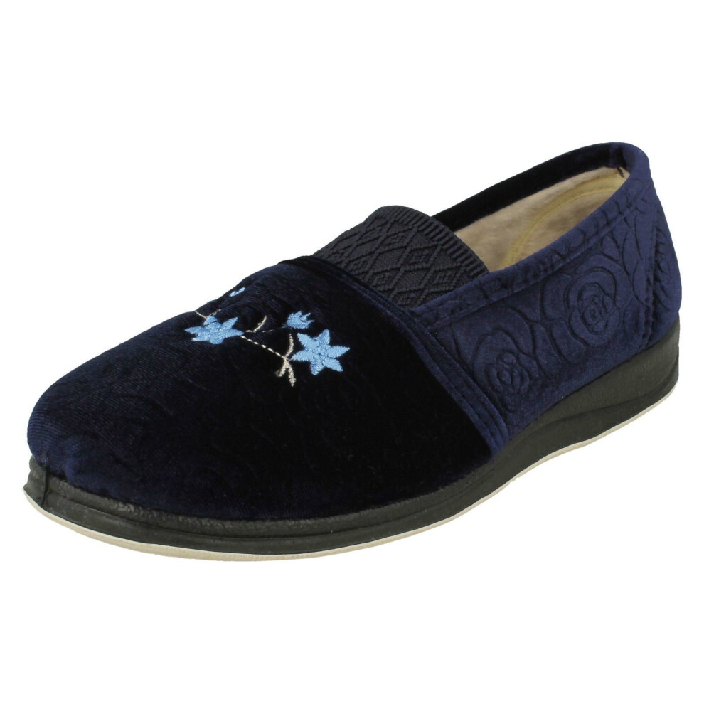 (Navy, UK 7) Ladies Padders Flower Detailed Memory Foam Slippers Michelle