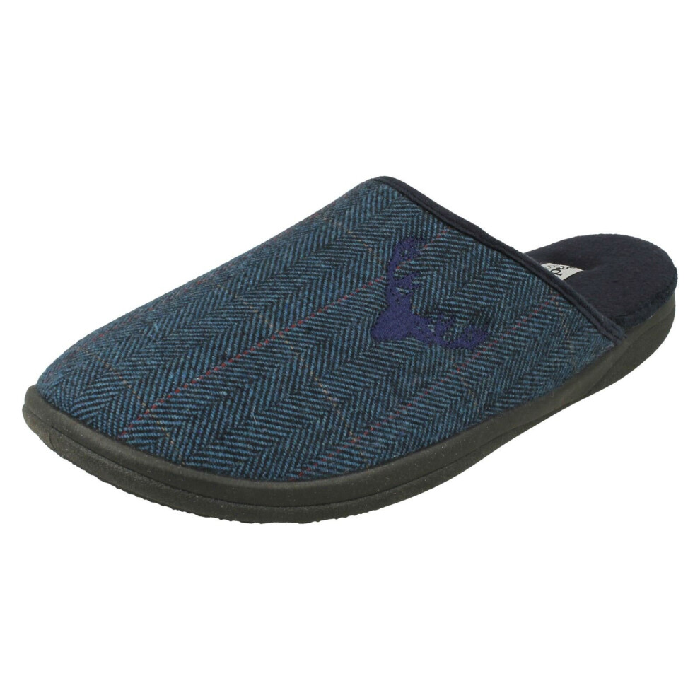(Navy, UK 8) Mens Padders Stag Detailed Mule Slippers Stag