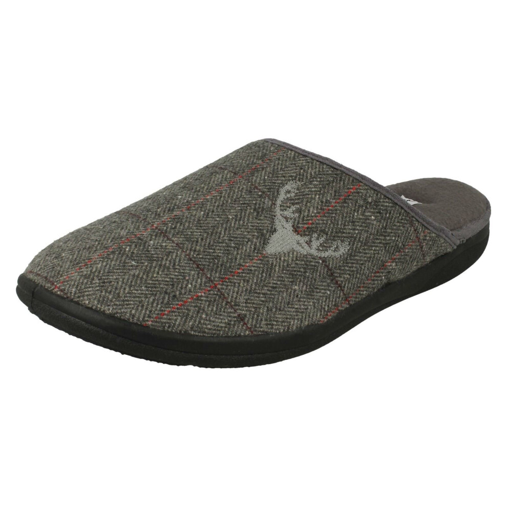 (Grey, UK 12) Mens Padders Stag Detailed Mule Slippers Stag