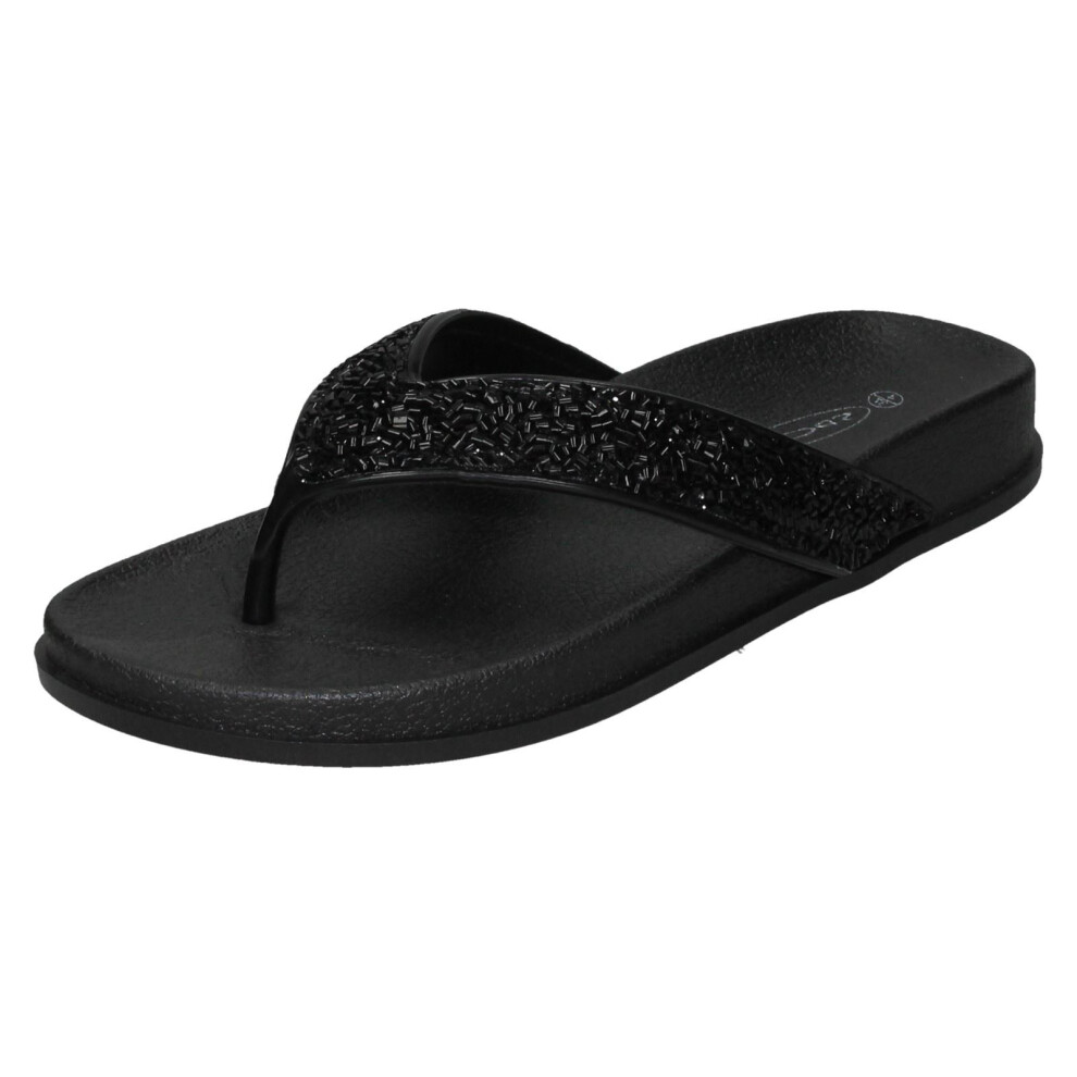 (Black, UK 6) Ladies Spot On Glittery Toepost Flip Flops F00246