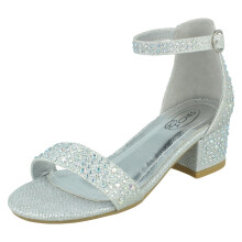 (Silver, UK 10 Child) Girls Spot On Mid Block Heel Sandals H1112