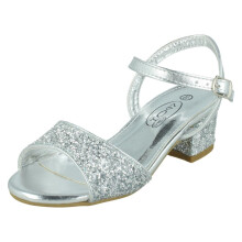 (Silver, UK 11 Child) Girls Spot On Mid Block Heel Sandals H1114