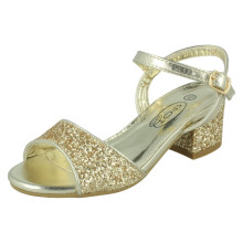 (Gold, UK 12 Child) Girls Spot On Mid Block Heel Sandals H1114