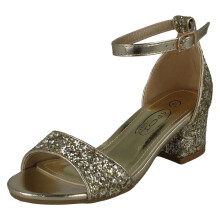 (Gold, UK 2) Girls Spot On Mid Heel Glitter Sandals H1107