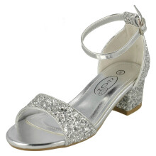 (Silver, UK 11 Child) Girls Spot On Mid Heel Glitter Sandals H1107