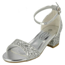 (Silver, UK 12 Child) Girls Spot On Mid Heel Glitter Sandals H1107