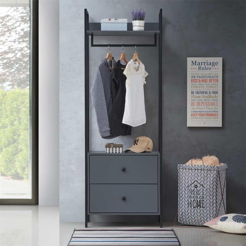 Zahra Bedroom Open Wardrobe 2 Drawers Dark Grey Furniture Storage Cupboard