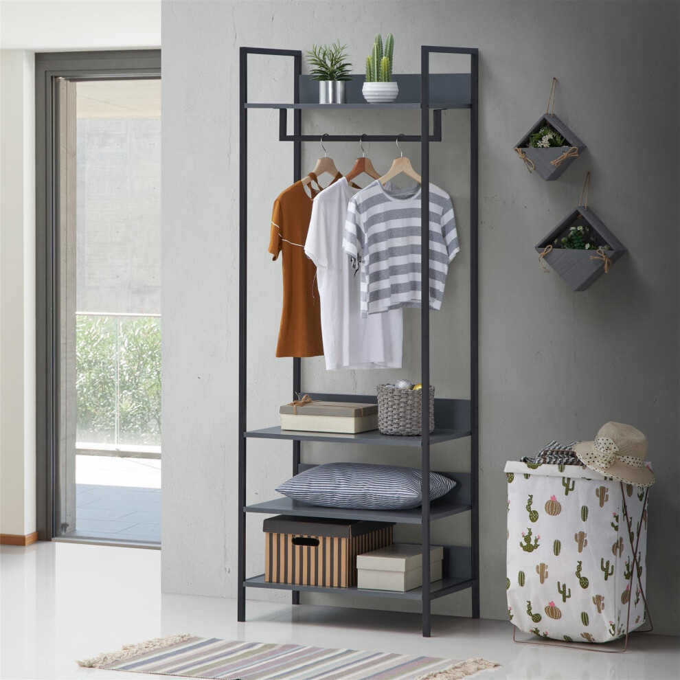 Zahra Bedroom Double Open Wardrobe 4 Shelves Furniture Storage Cupboard Dark Grey