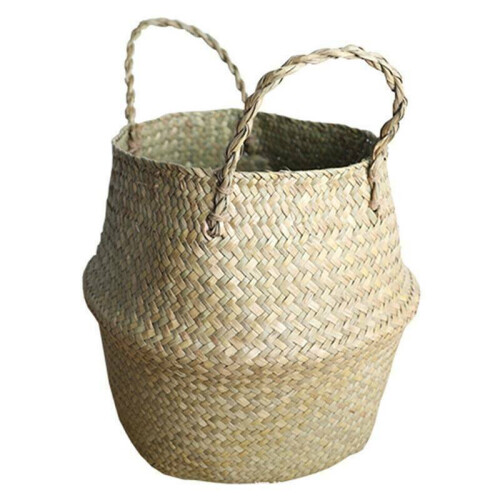 (27 x 24 CM) Foldable Seagrass Belly Basket Flower Plant Pot Home Storage Wickerwork Hamper