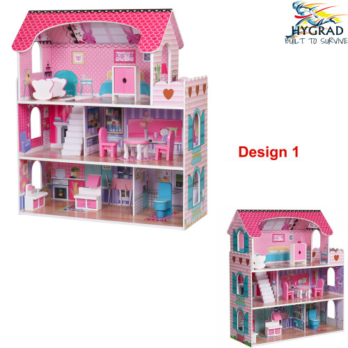 Design 1 Doll House) Wooden Kids Doll House All in 1 With Furniture &  Staircase Best Dolls Role play on OnBuy