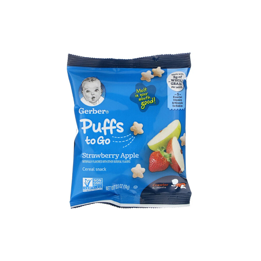 Gerber, Puffs to Go, 8+ Months, Strawberry Apple, 12 Snack Packs, 14g