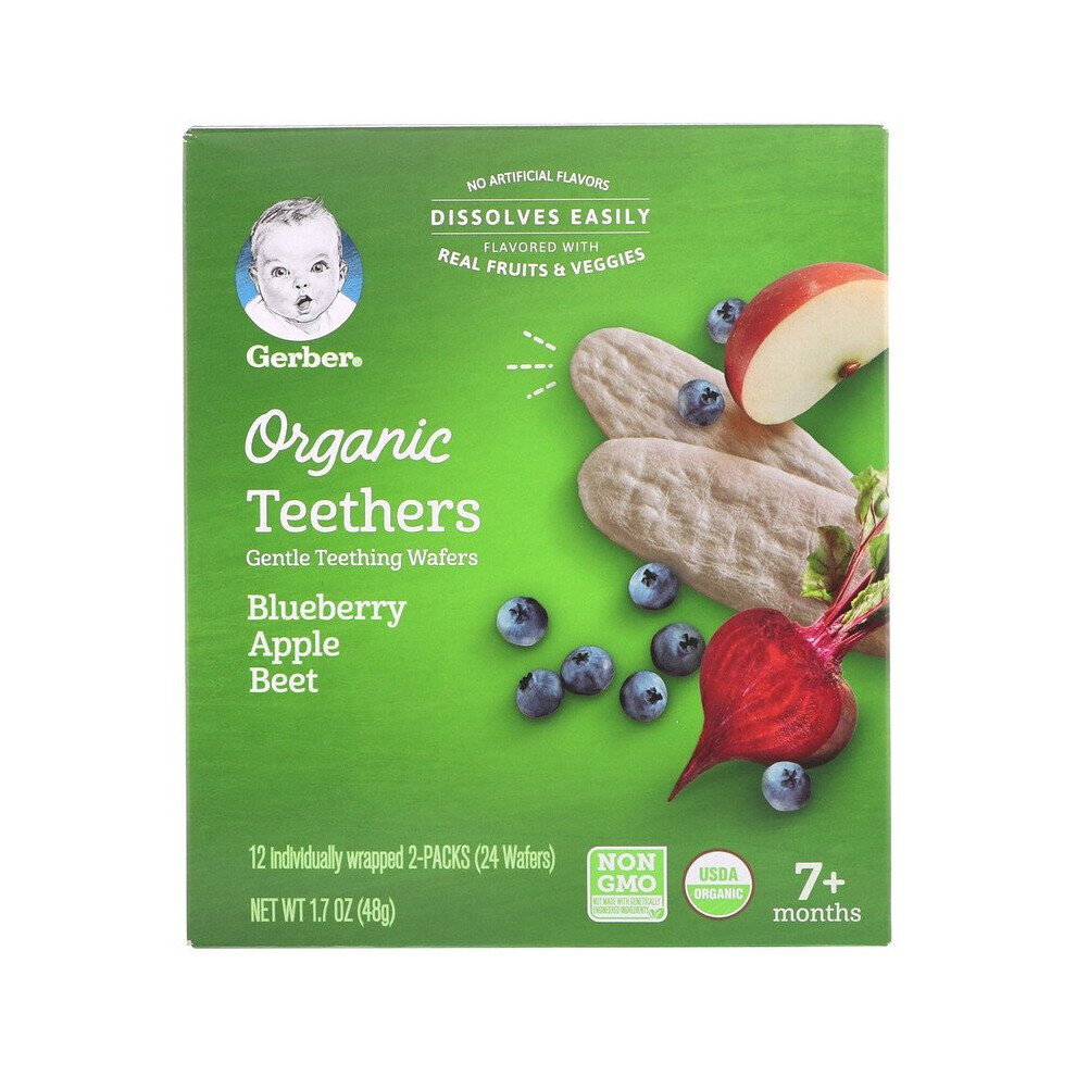 Gerber, Teething Wafers, 7+ Months, Blueberry Apple Beet, 12 Packs