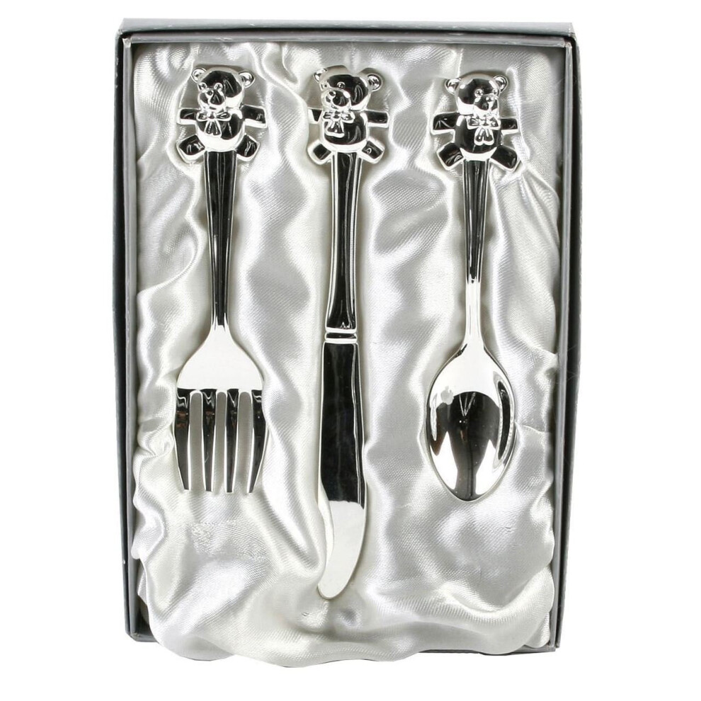 SILVER PLATED TEDDY CUTLERY SET - NEW BABY CHRISTENING GIFT