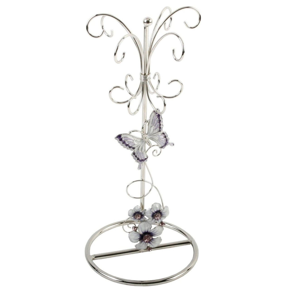 Glass Jewellery Holder with Purple Butterfly Flowers and Pink Crystals